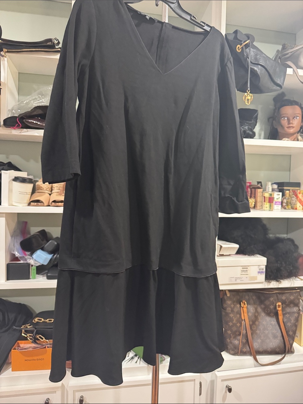 Lafayette 148 New York Black V-Neck Layered Midi Dress